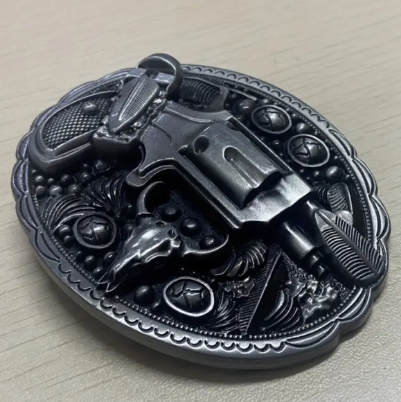 Western faux revolver pistol theme feathers Longhorn bull belt buckle - Picture 3 of 4